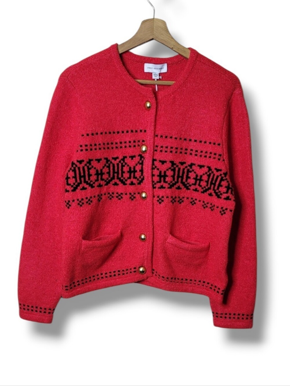 Free Assembly Red Knit Cardigan Black Fair Isle